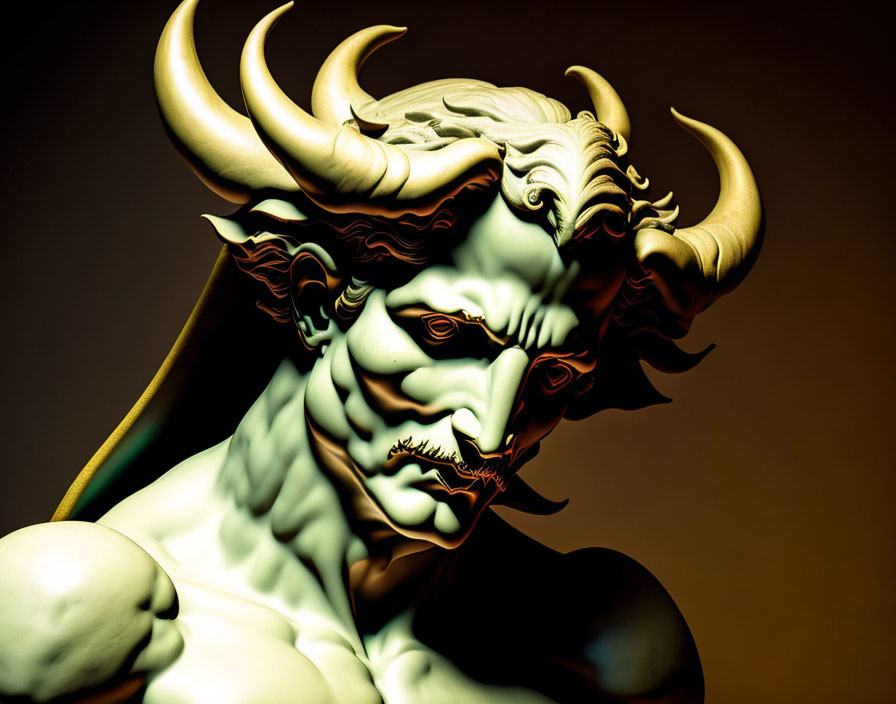 Menacing fantasy creature with horns and intense glare in 3D illustration