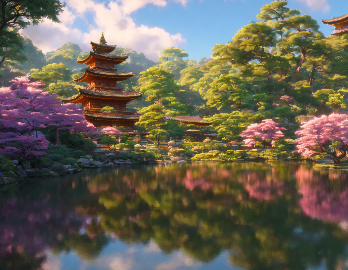 Traditional multi-tiered pagoda surrounded by cherry blossoms and lush greenery in serene pond.