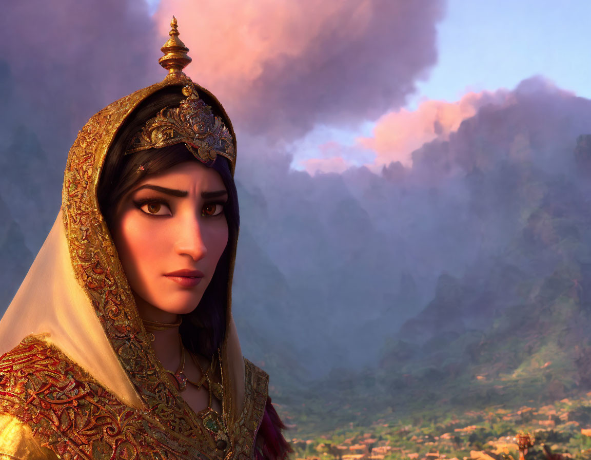 Dark-Haired Animated Character with Golden Headpiece and Veil, Mountains in Background