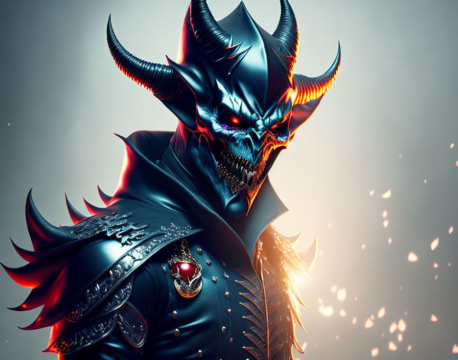 Sinister figure in dark armor with glowing blue eyes and sharp horns.