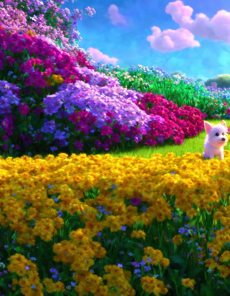 Small White Dog Surrounded by Colorful Flowers on Sunny Day