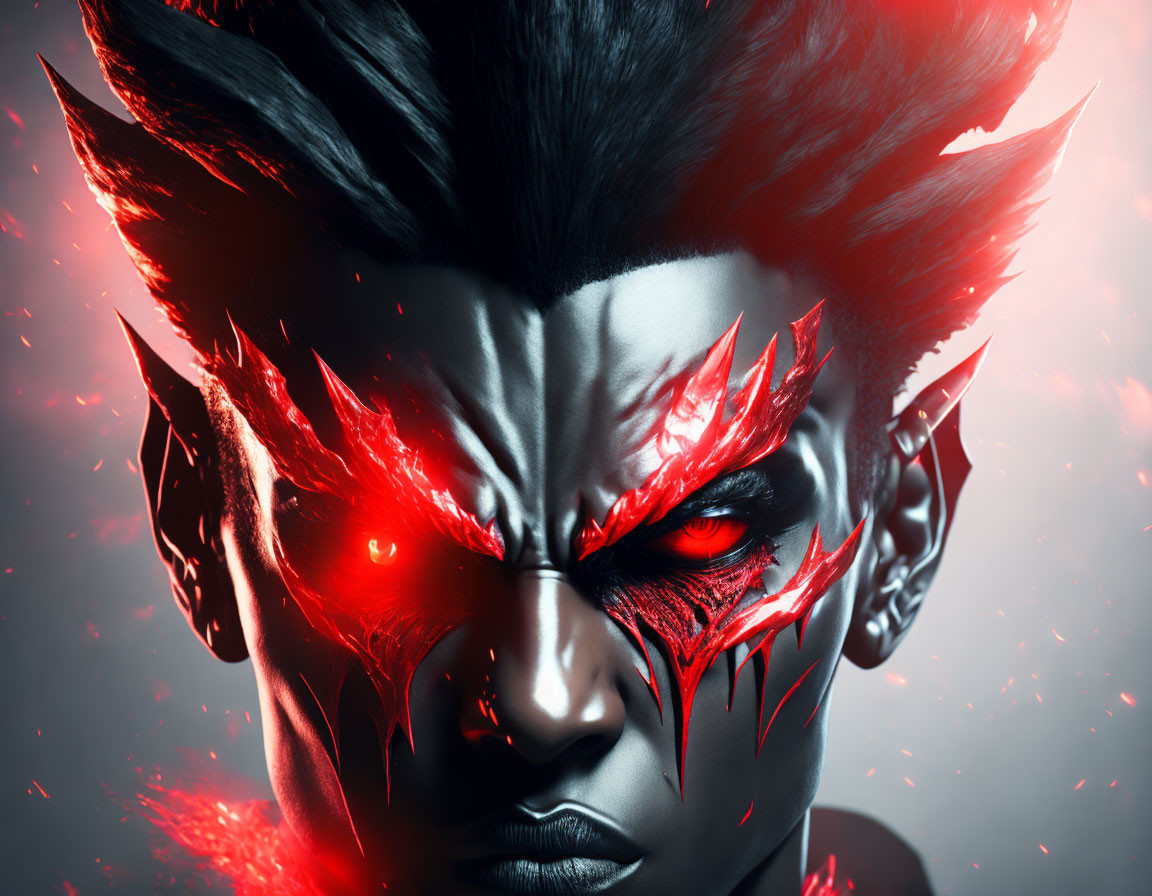 Intense character with red eyes, sharp markings, and spiked hair on red backdrop