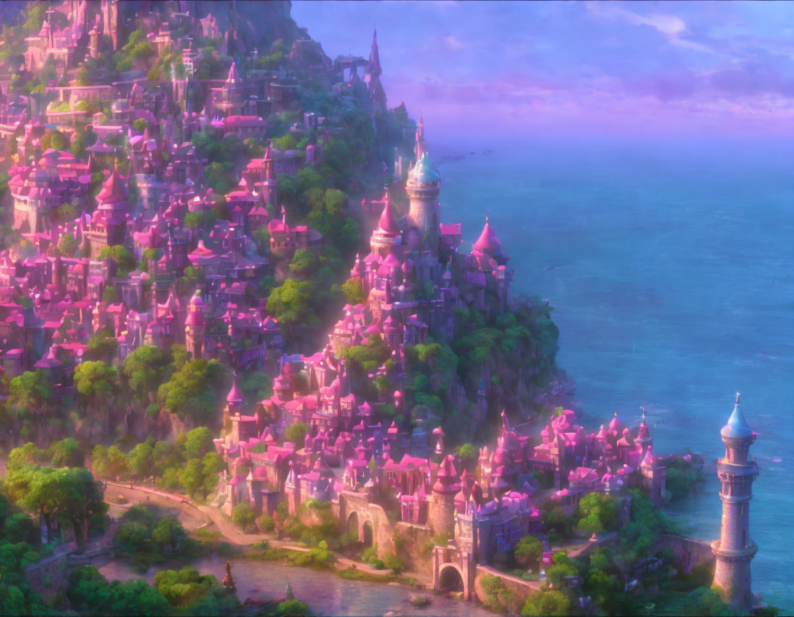 Fantastical coastal city with pink and purple hues and whimsical architecture