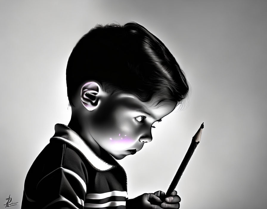 Young child holding a pencil in side profile with soft light on face