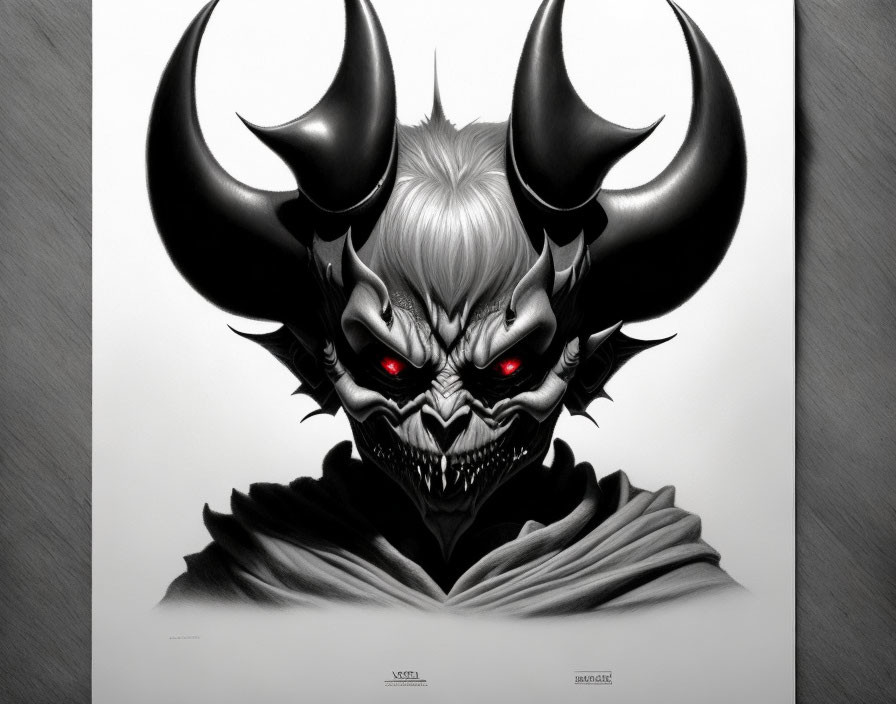 Menacing horned creature with sharp teeth in monochromatic art