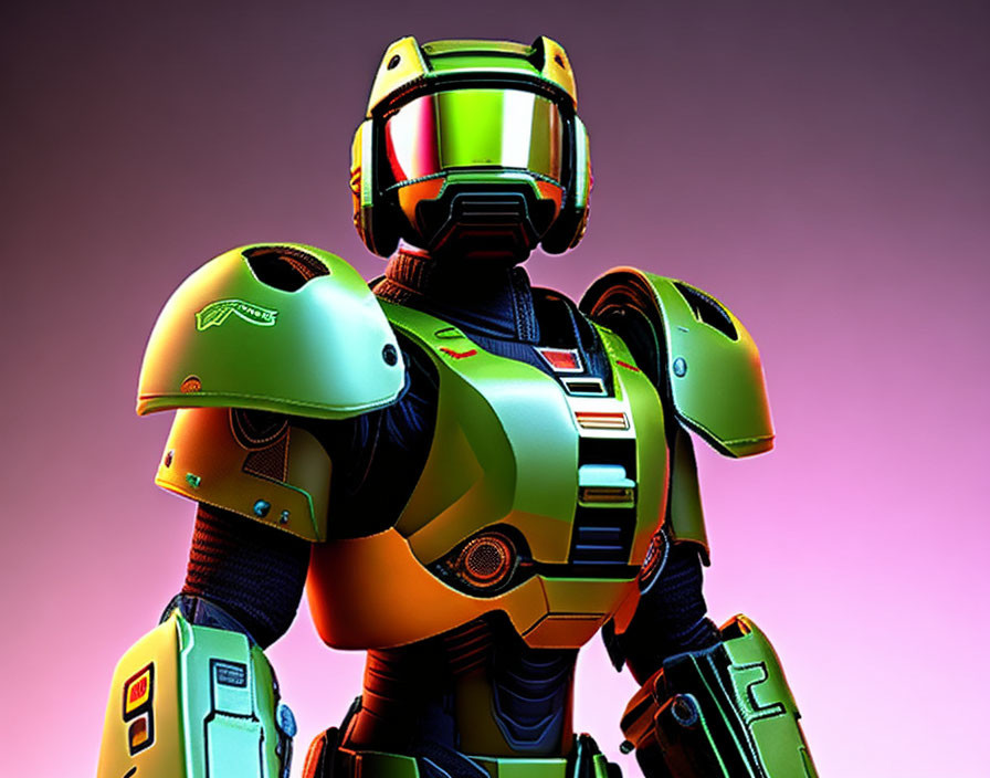 Colorful humanoid robot in armor with green visor and futuristic designs