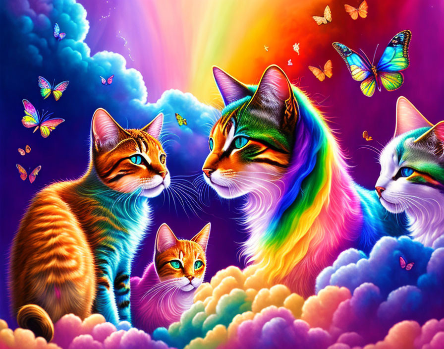 Vibrant digital art featuring four cats on cosmic rainbow backdrop