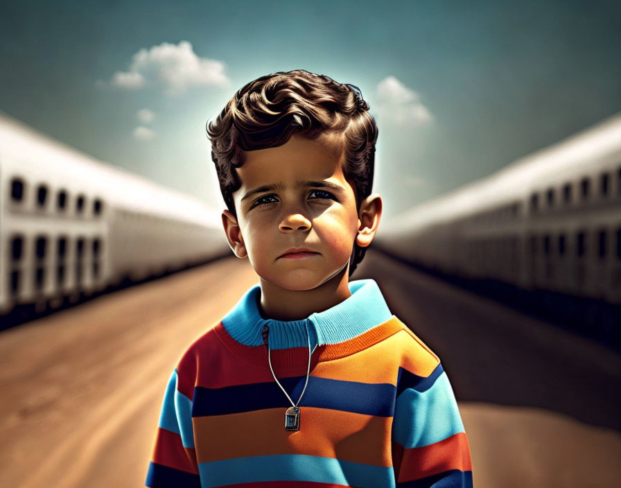 Serious young boy in colorful sweater between train cars