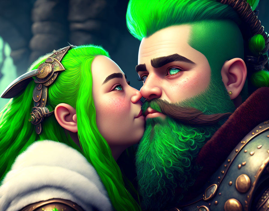 Green-Haired Animated Characters Share Affectionate Forehead Kiss