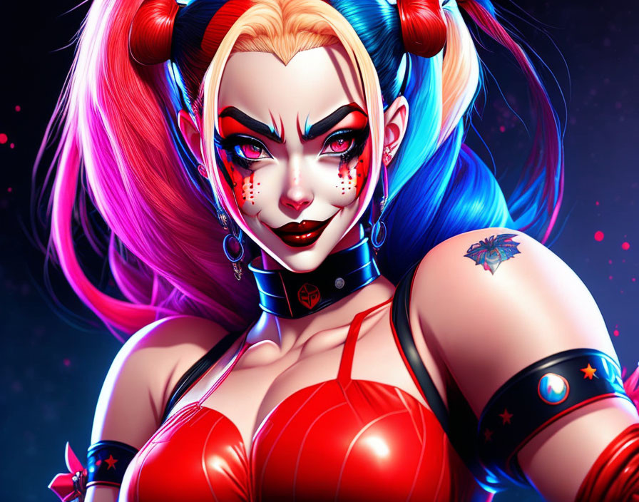 Illustrated female character with red & blue pigtails in rebellious punk style.