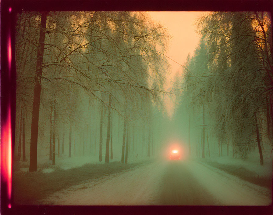 Vehicle drives through misty, snow-covered forest road at dusk