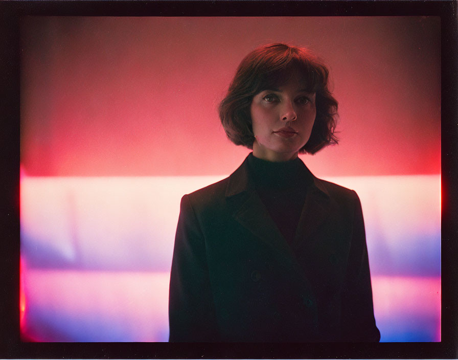 Woman in dark coat with bob cut hair in front of red and blue background