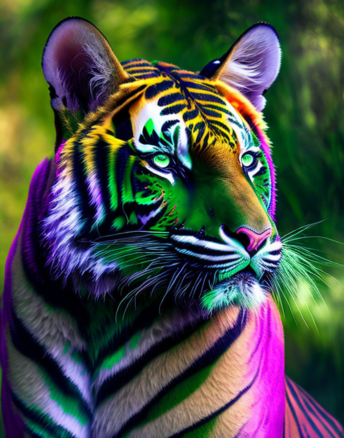 Colorful Digital Art: Tiger in Human-like Pose with Purple Fabric in Lush Greenery