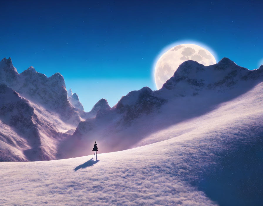 Person standing on snowy terrain under full moon and mountains at twilight