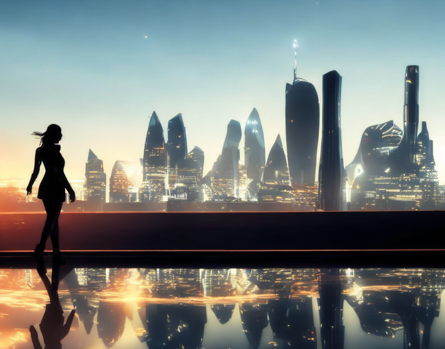 Futuristic city skyline silhouette with walking woman at sunset