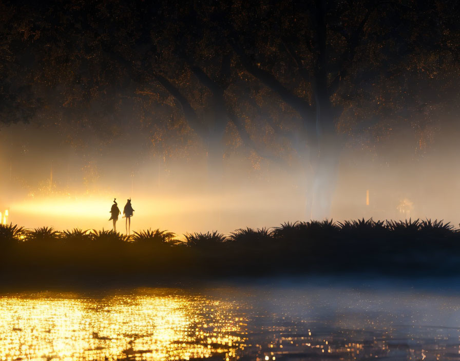 Silhouettes of two people walking in misty park at dusk