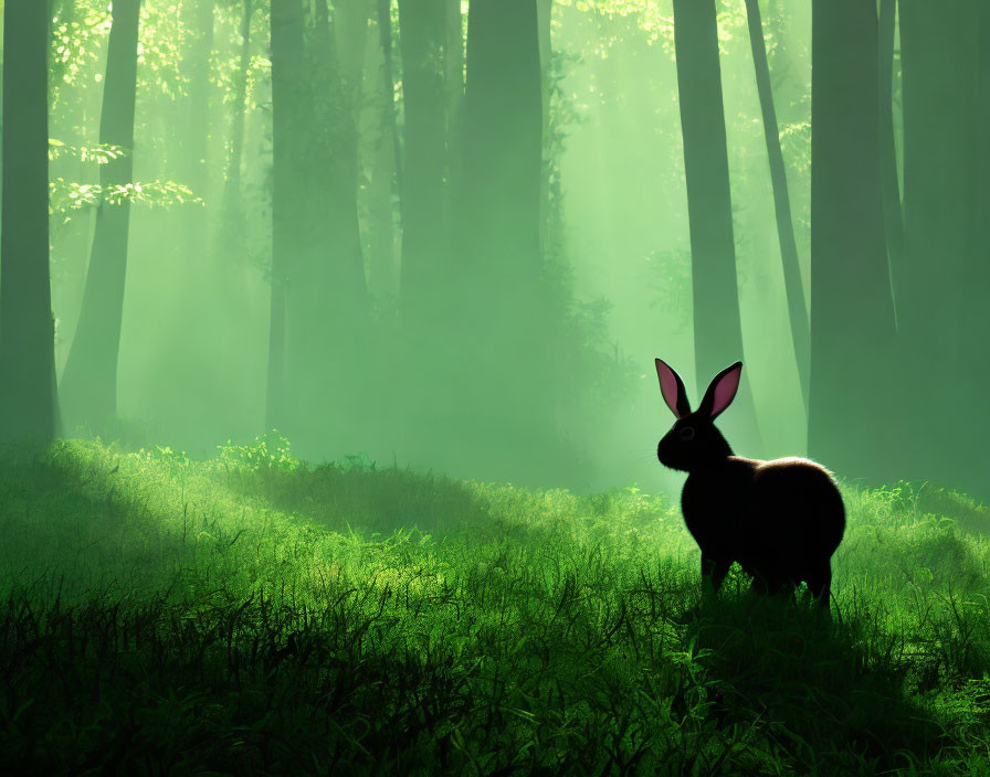 Silhouette of rabbit with pink ears in sunlit green forest