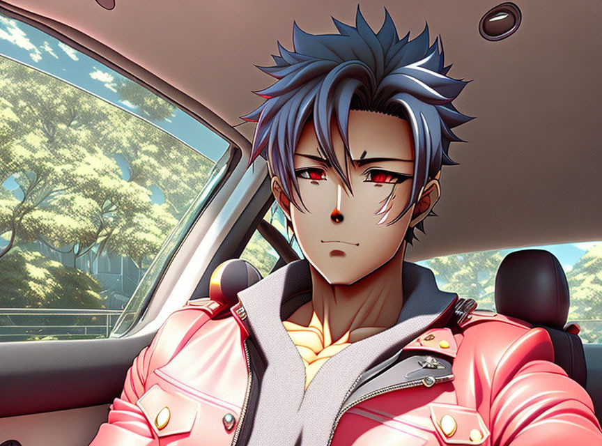 Blue-haired anime character in pink jacket sits in car with red eyes, trees outside.