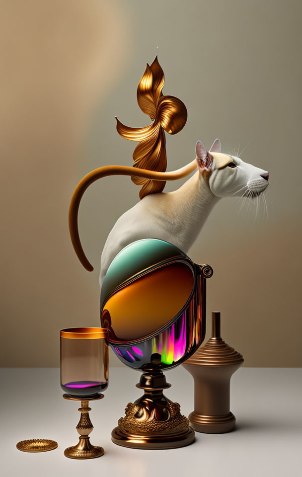 Siamese cat with elongated neck on glass orb surrounded by decor