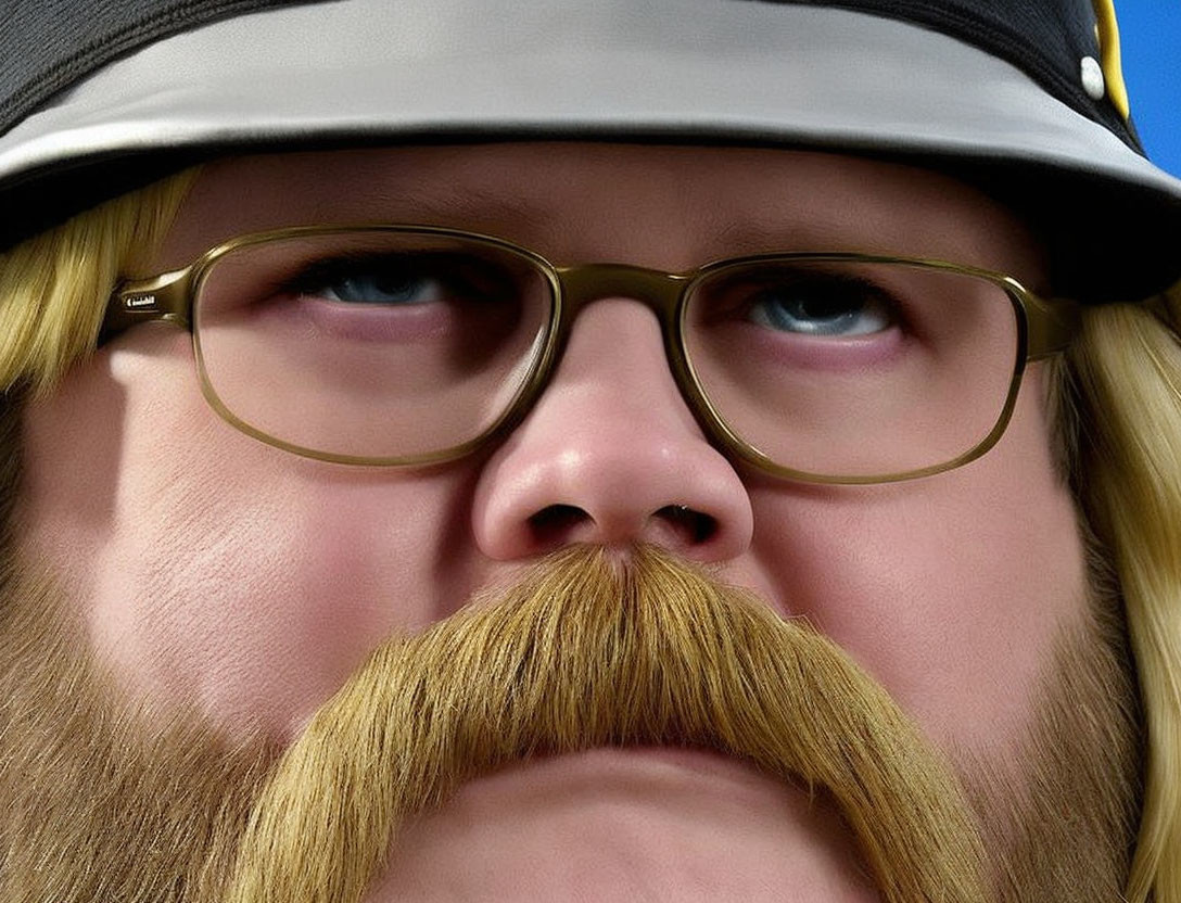 Blonde Mustached Man in Glasses and Cap on Blue Background