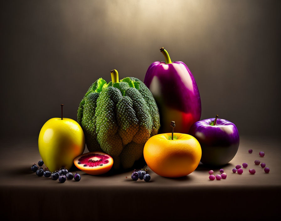 Colorful Hyper-Realistic Fruit Still Life on Dark Background