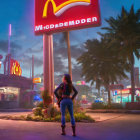 Person admires neon-lit retro eateries at dusk with palm trees under pink and purple sky