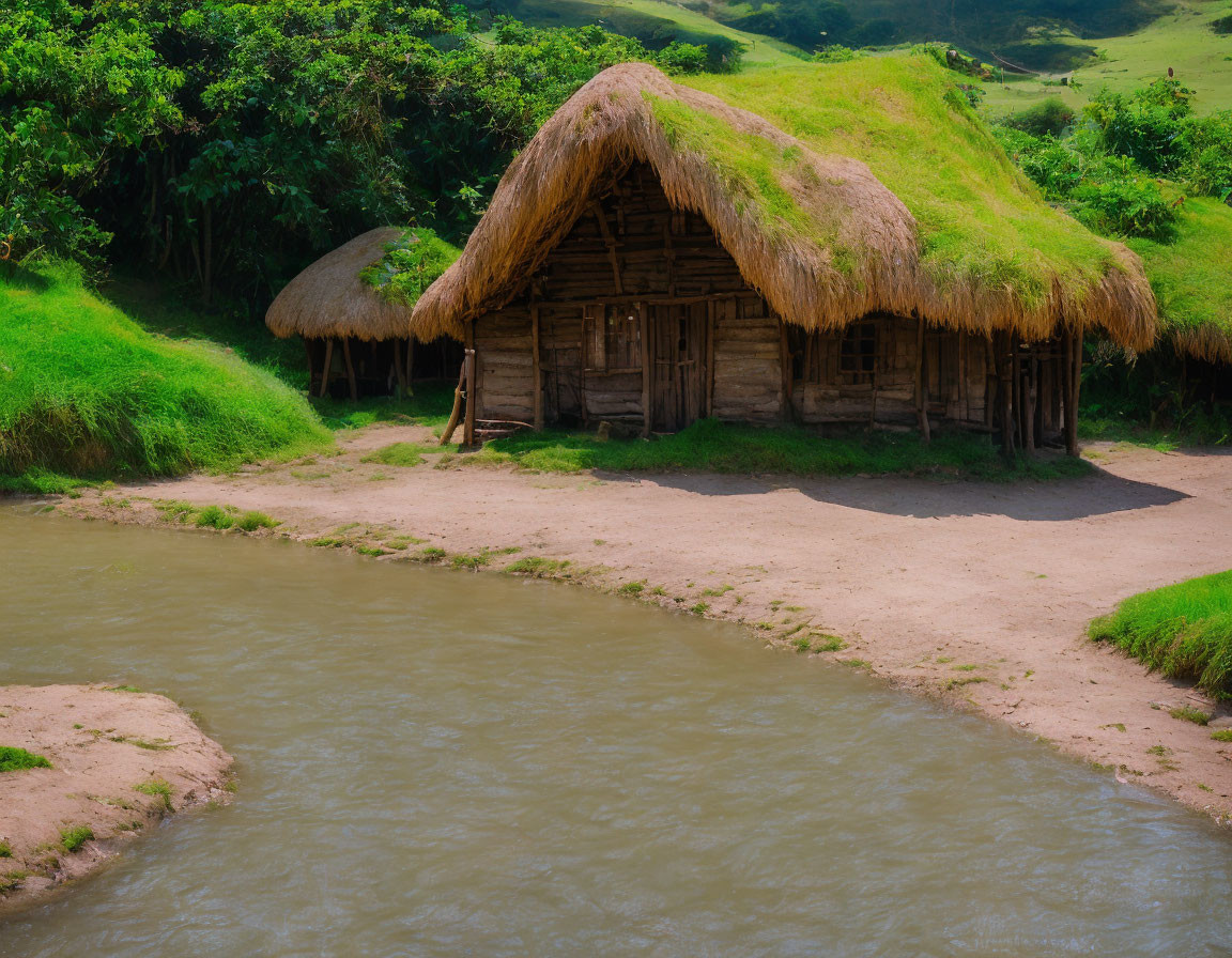 Rustic Thatched-Roof Hut by Meandering River