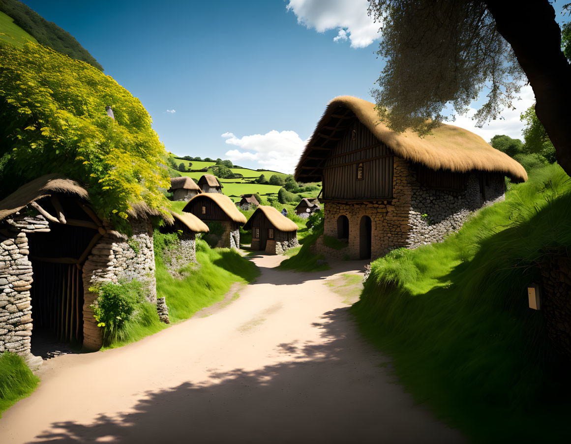 Rural Thatched-Roof Stone Houses in Green Countryside