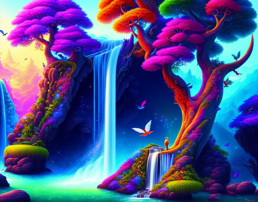 Fantasy landscape with pink trees, waterfall, purple sky