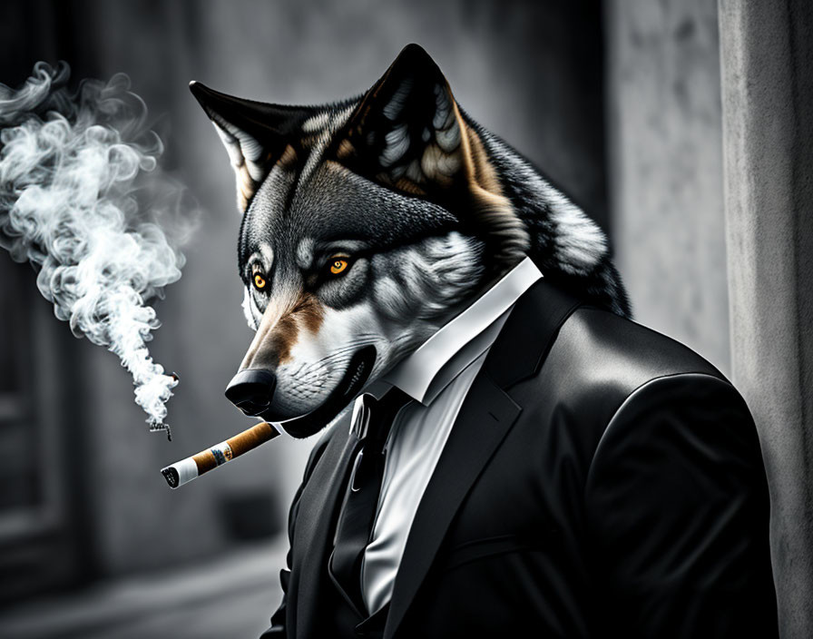 Anthropomorphic wolf in suit smoking cigar against urban backdrop