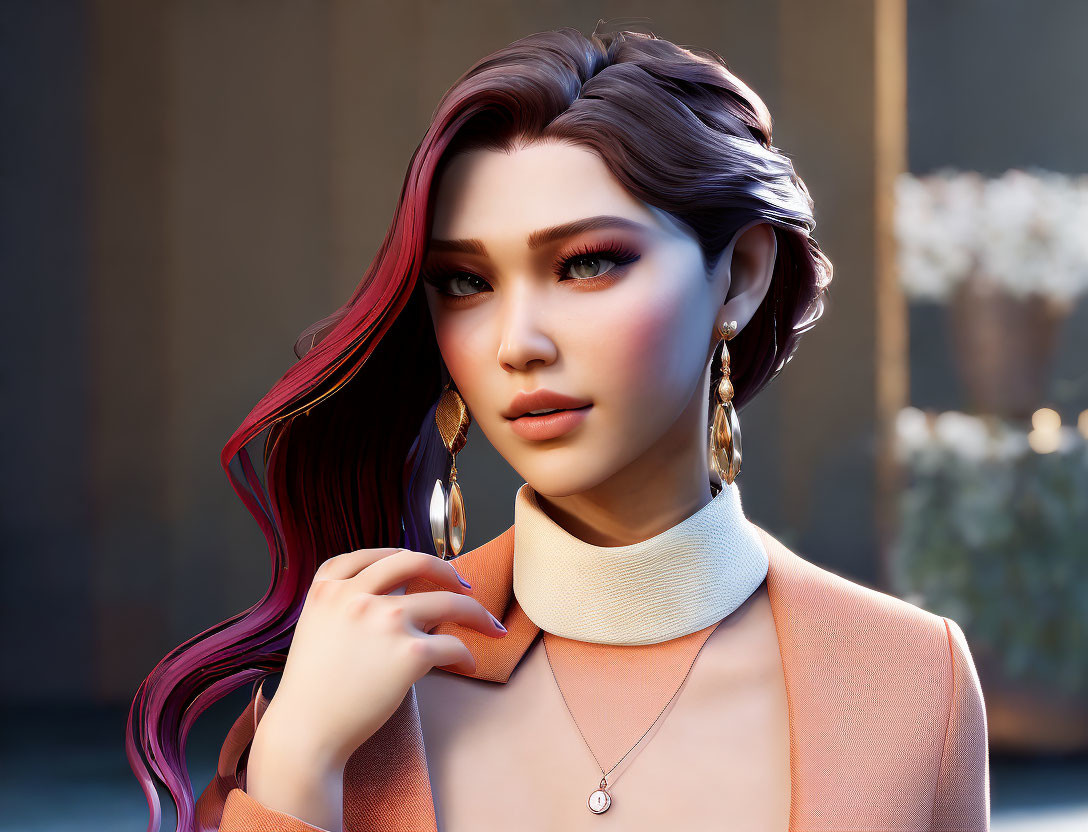 Ombré-haired woman in turtleneck and earrings on blurred background