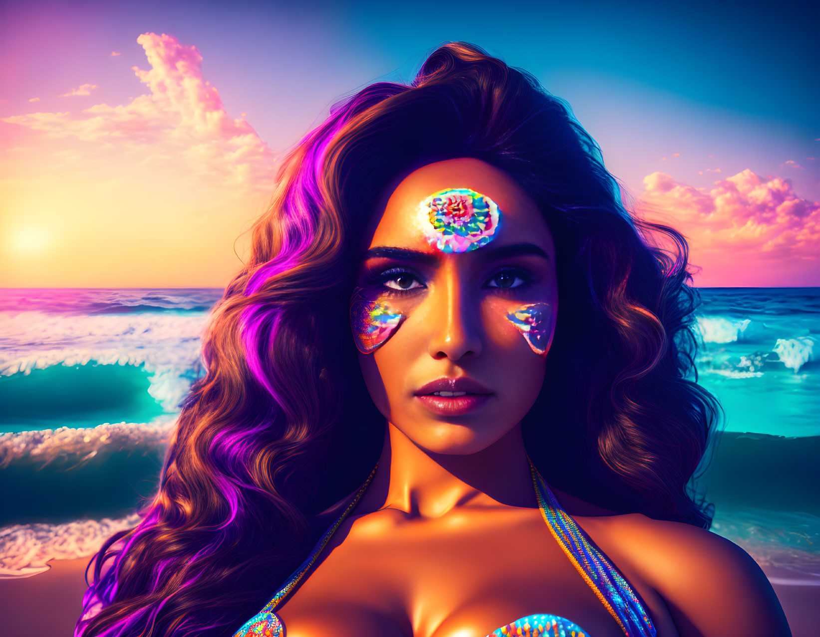 Vibrant makeup woman at beach sunset with rich warm hues