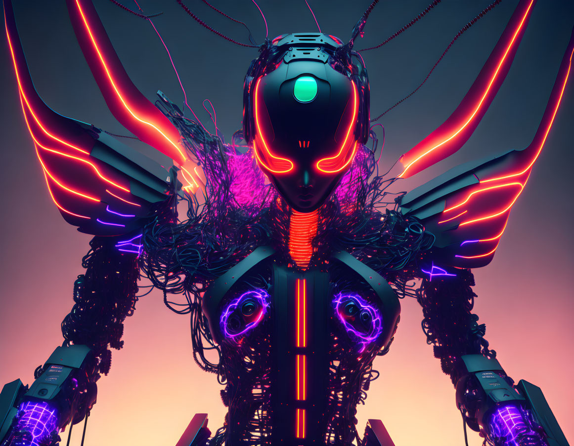 Futuristic robotic figure with neon lights and wing-like structures on pink and purple backdrop