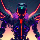 Futuristic robotic figure with neon lights and wing-like structures on pink and purple backdrop