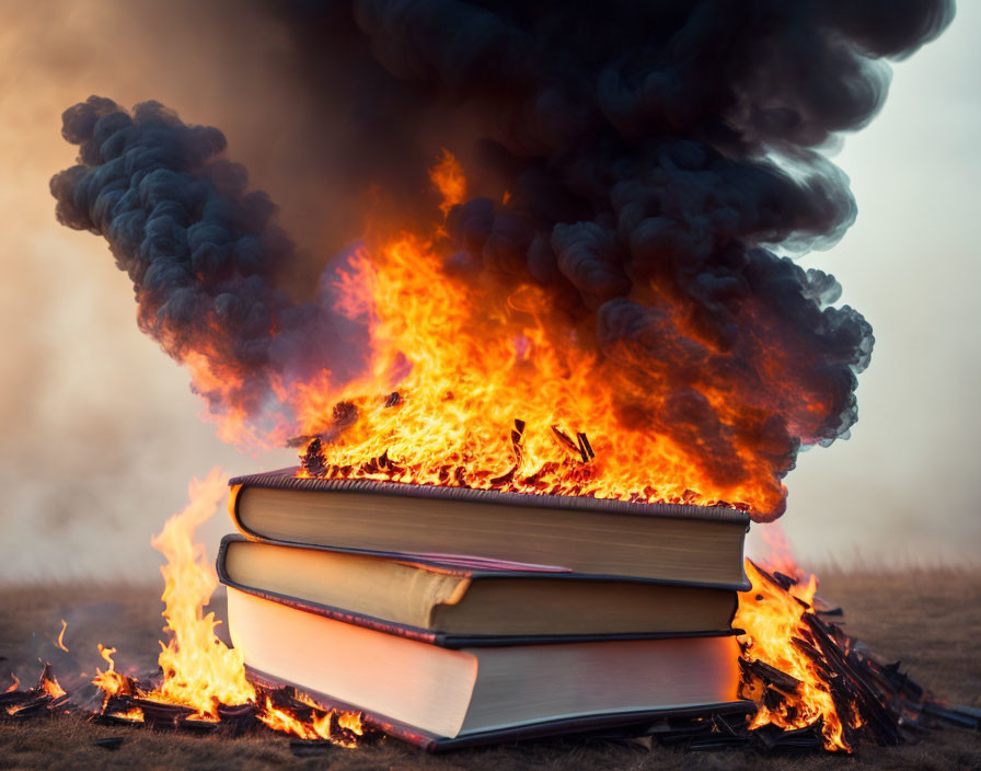 Stack of Books Engulfed in Fire and Smoke