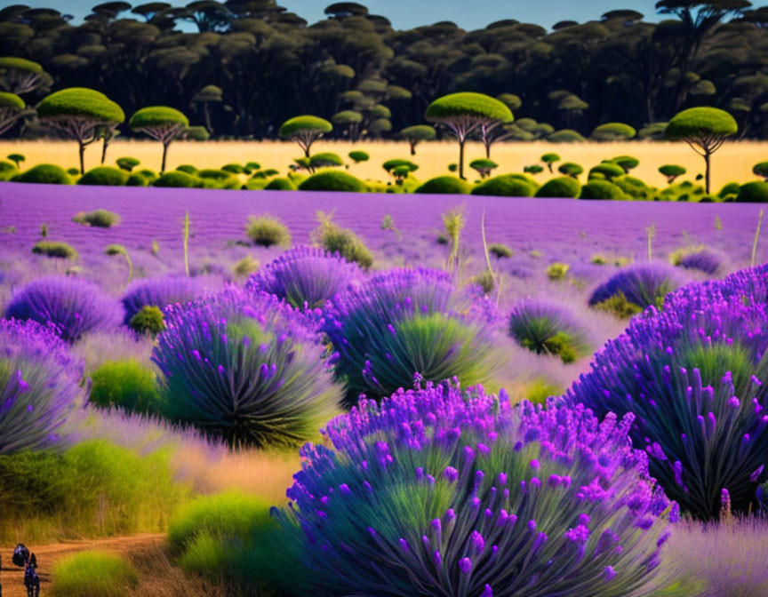 Purple Lavender Fields with Spherical Bushes and Umbrella Trees Under Blue Sky