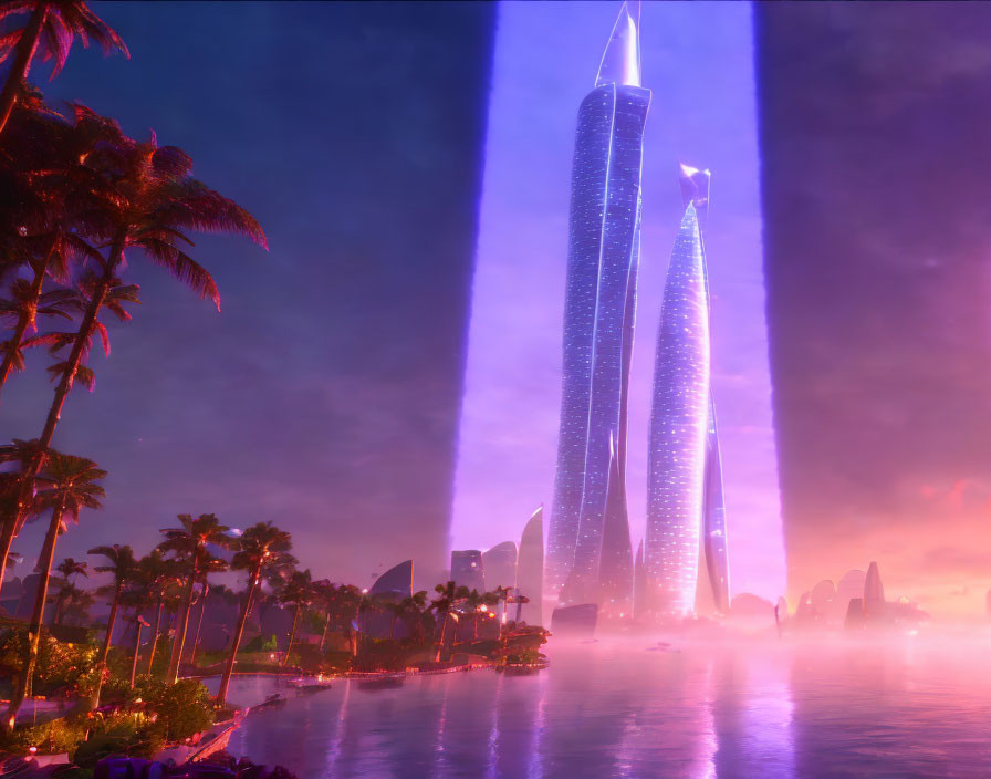 Futuristic twilight cityscape with towering skyscrapers and palm trees by calm waterfront