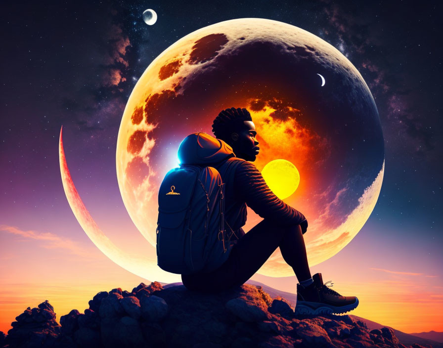 Man with backpack gazes at surreal sky with moon, planets, stars, and sunset hues