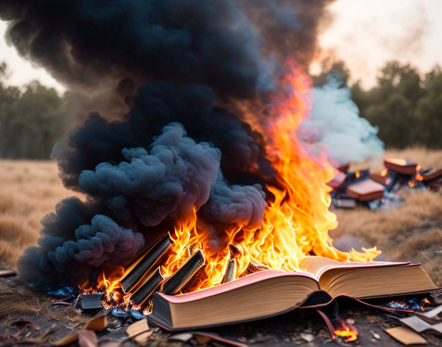 Books engulfed in flames under hazy, dusky sky