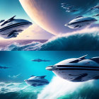 Futuristic spacecraft fleet ascending through atmospheric clouds