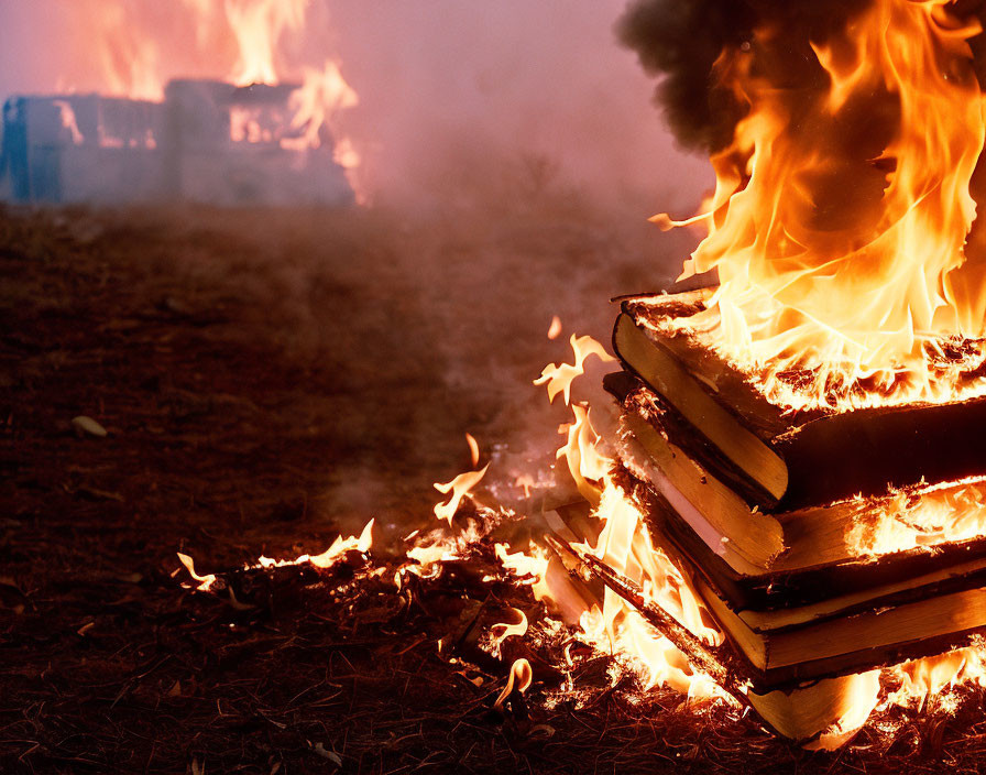 Books on Fire: Bright Flames and Smoke Rise from Scattered Embers