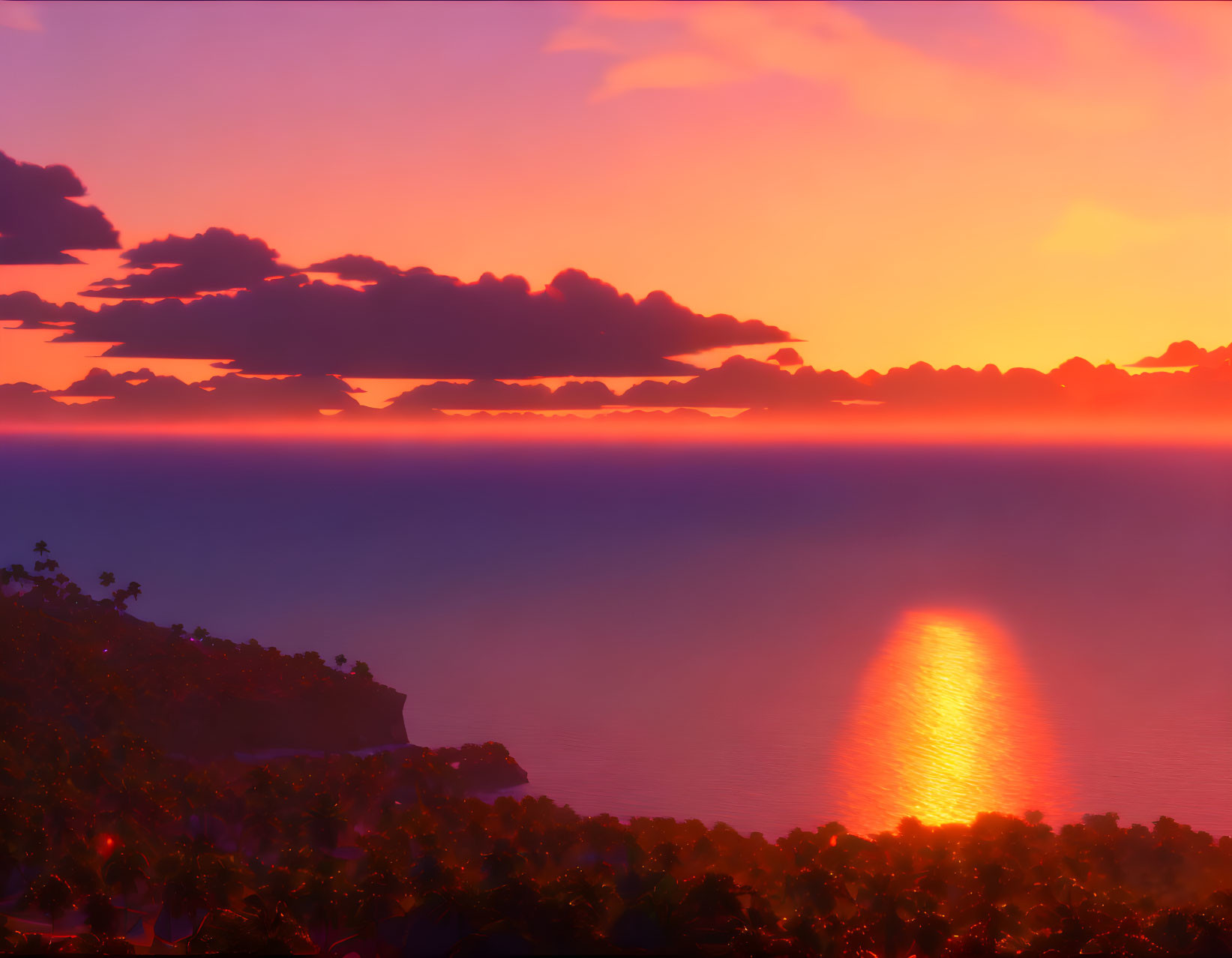 Tranquil sea sunset with silhouetted trees and vibrant sky hues