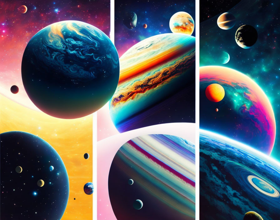Colorful Space Collage Featuring Imaginary Planets and Moons