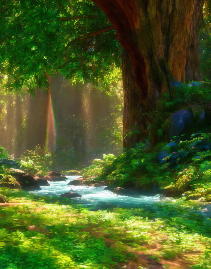 Serene forest stream with lush green foliage and towering trees