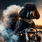 Stylish poodle on motorcycle with sunset backdrop