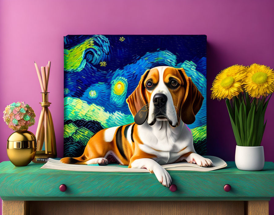 Beagle with open book and "Starry Night" canvas on purple table