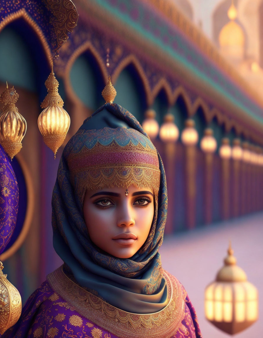 Traditional Attire Woman with Headscarf in Front of Ornate Building