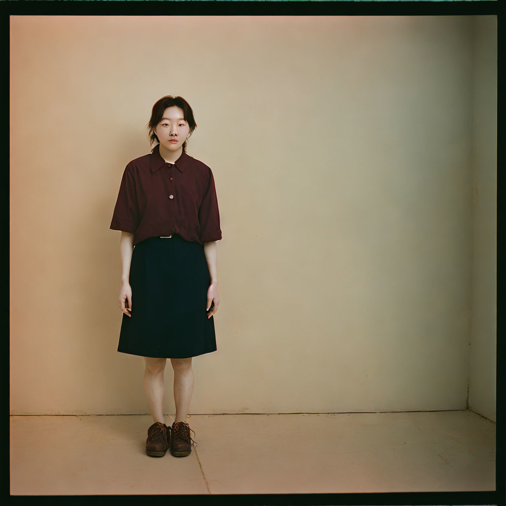 Neutral expression person in burgundy shirt and black skirt against beige wall