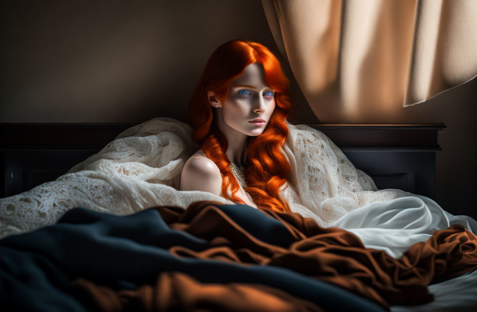 Woman with red hair sitting on bed with lace and sunlight.