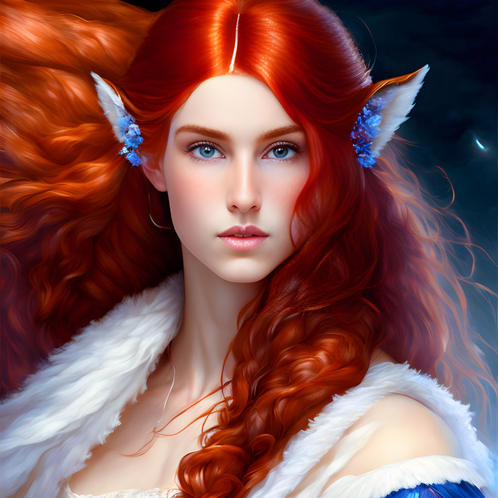 Fantasy portrait of woman with red hair and pointed ears in starry setting